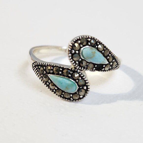 1990's Signed 925 Silver Classic Turquoise & Marcasite Ring Size 7 - Picture 9 of 12
